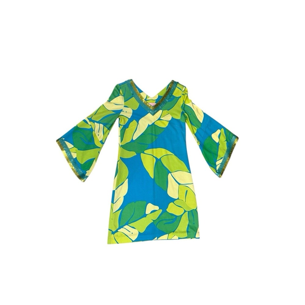 Lilly Pullitzer Leaf Resort 70's Inspired Sequins V-Neck Bell Sleeve Dress XS‎